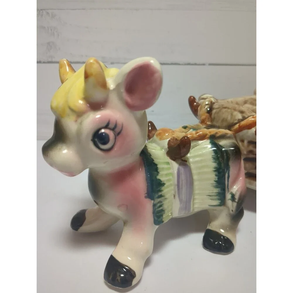 Retro Vintage 50s Kitsch Cow Pulling Cart Ceramic Candy Dish Trinket 10.5